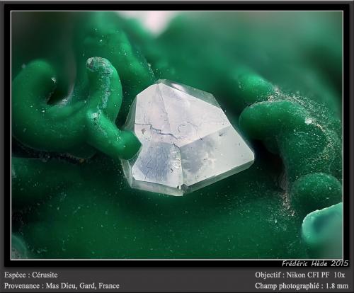 Cerussite on Malachite<br />Mas Dieu, Mercoirol, Alès, Gard, Occitanie, France<br />fov 1.8 mm<br /> (Author: ploum)