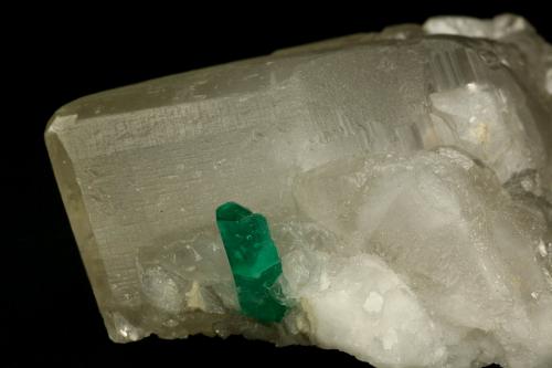 Beryl (variety emerald), Calcite<br />Coscuez mining district, Municipio San Pablo de Borbur, Western Emerald Belt, Boyacá Department, Colombia<br />xl=10mm<br /> (Author: Fiebre Verde)