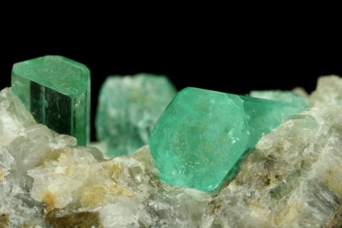 Beryl (variety emerald), Calcite<br />Chivor mining district, Municipio Chivor, Eastern Emerald Belt, Boyacá Department, Colombia<br />Crystals are about 1cm long<br /> (Author: Fiebre Verde)