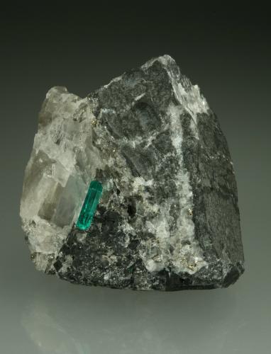 Beryl (variety emerald), Calcite, Pyrite<br />Coscuez mining district, Municipio San Pablo de Borbur, Western Emerald Belt, Boyacá Department, Colombia<br />43x38x50mm,  xl=11mm<br /> (Author: Fiebre Verde)