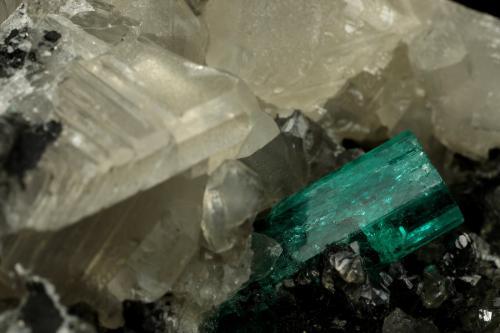 Beryl (variety emerald), Calcite<br />La Pita mining district, Municipio Maripí, Western Emerald Belt, Boyacá Department, Colombia<br />9cm across, xls=20mm<br /> (Author: Fiebre Verde)