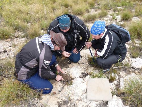 3 students busy removing a large pocket of exciting quartz. (Author: Pierre Joubert)