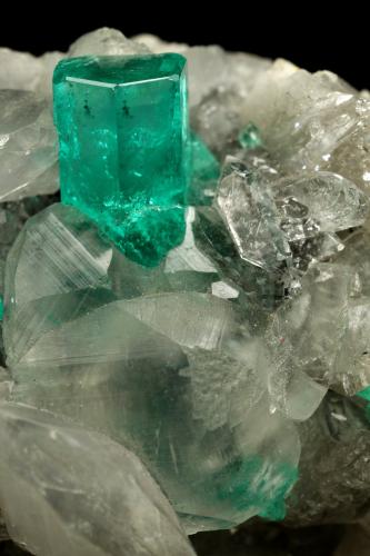 Beryl (variety emerald), Calcite, Quartz<br />La Pita (distrito minero), Mina Polveros, Municipio Maripí, Cinturón Esmeraldífero Occidental, Departamento Boyacá, Colombia<br />53x51x40mm, xl=9mm<br /> (Author: Fiebre Verde)