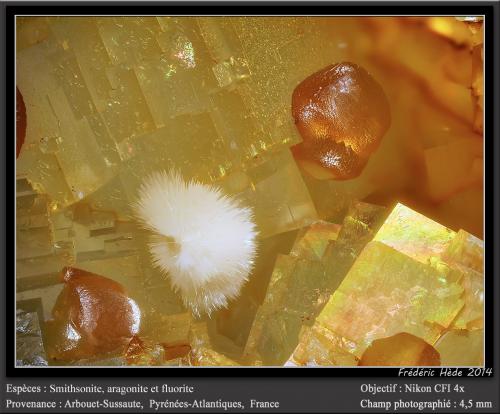 Smithsonite, Aragonite, Fluorite<br />Birrity Quarry, Arbouet-Sussaute, Pyrénées-Atlantiques, Nouvelle-Aquitaine, France<br />fov 4.5 mm<br /> (Author: ploum)