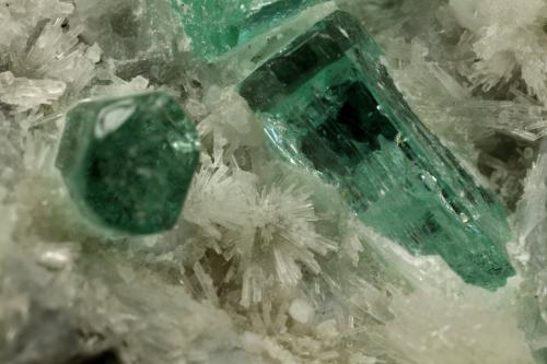 Beryl (variety emerald), Calcite, Aragonite<br />Chivor mining district, Municipio Chivor, Eastern Emerald Belt, Boyacá Department, Colombia<br />Detail FOV=8mm<br /> (Author: Fiebre Verde)