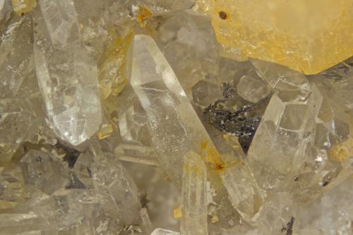 Quartz, Siderite, Rutile<br />Poudrette Quarry, Mont Saint-Hilaire, La Vallée-du-Richelieu RCM, Montérégie, Québec, Canada<br />FOV = 4mm<br /> (Author: Doug)