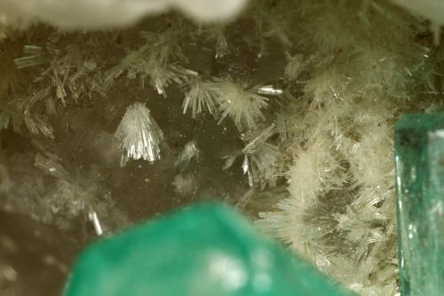 Beryl (variety emerald), Calcite, Aragonite<br />Chivor mining district, Municipio Chivor, Eastern Emerald Belt, Boyacá Department, Colombia<br />75x55x65mm, main xl~1cm<br /> (Author: Fiebre Verde)