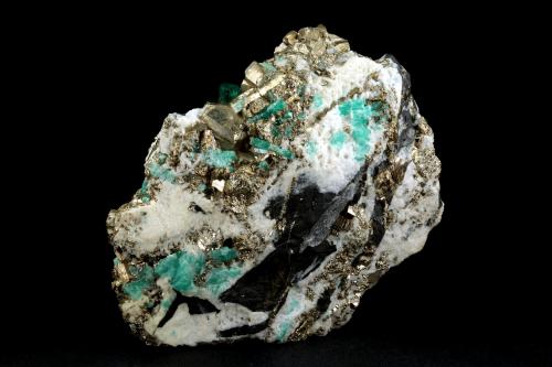 Beryl (variety emerald), Calcite, Pyrite<br />Chivor mining district, Municipio Chivor, Eastern Emerald Belt, Boyacá Department, Colombia<br />102x36x87mm, xl=13mm<br /> (Author: Fiebre Verde)