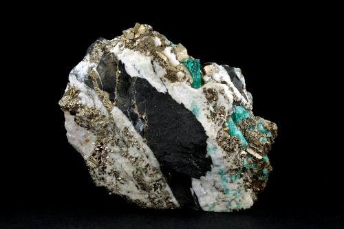 Beryl (variety emerald), Calcite, Pyrite<br />Chivor mining district, Municipio Chivor, Eastern Emerald Belt, Boyacá Department, Colombia<br />102x36x87mm, xl=13mm<br /> (Author: Fiebre Verde)