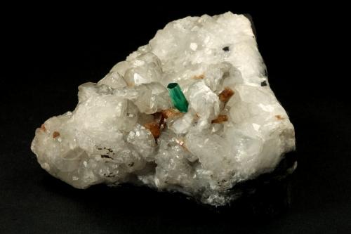 Beryl (variety emerald), Calcite, Parisite<br />La Pita mining district, Municipio Maripí, Western Emerald Belt, Boyacá Department, Colombia<br />8x8x8cm, H35mm, xl=8mm<br /> (Author: Fiebre Verde)