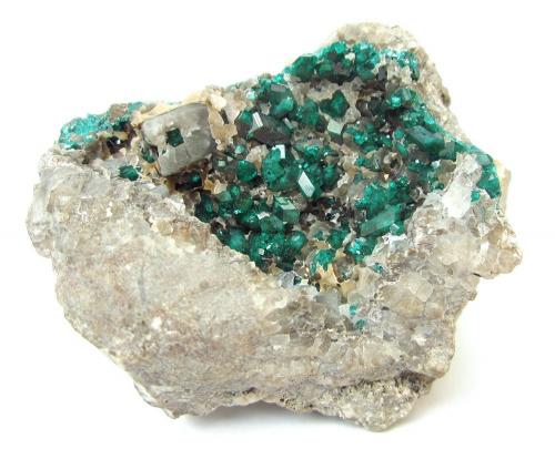 Dioptase, calcite<br />Altyn-Tyube deposit, Altyn-Tyube area, Kirghiz Steppes, Karaganda Region, Kazakhstan<br />Specimen size 8 cm<br /> (Author: Tobi)