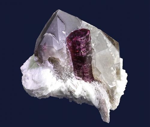 Elbaite on Quartz (var. smoky quartz)<br />Malkhan (Malchan), Krasnyi Chikoy, Zabaykalsky Krai, Russia<br />75 x 67 x 65 mm<br /> (Author: GneissWare)