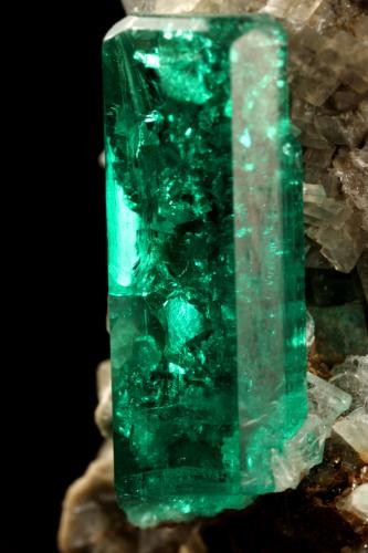 Beryl (variety emerald), Calcite, Pyrite, Albite (variety cleavelandite)<br />Chivor mining district, Municipio Chivor, Eastern Emerald Belt, Boyacá Department, Colombia<br />22x21x30mm, xl=14mm<br /> (Author: Fiebre Verde)