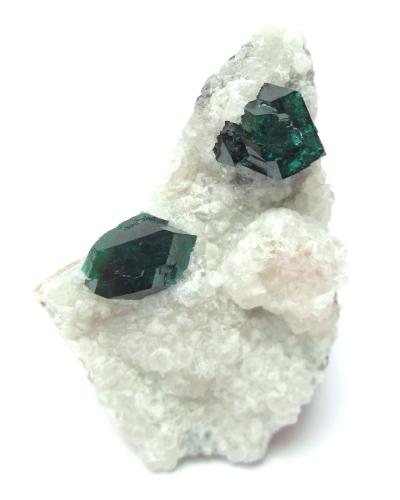 Dioptase<br />Kaokoveld Plateau, Kunene Region, Namibia<br />Specimen height 5 cm, larger dioptase measures 1,3 cm<br /> (Author: Tobi)