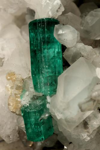 Beryl (variety emerald), Calcite<br />Muzo mining district, Western Emerald Belt, Boyacá Department, Colombia<br />130x85x100mm, xls up to 27mm<br /> (Author: Fiebre Verde)