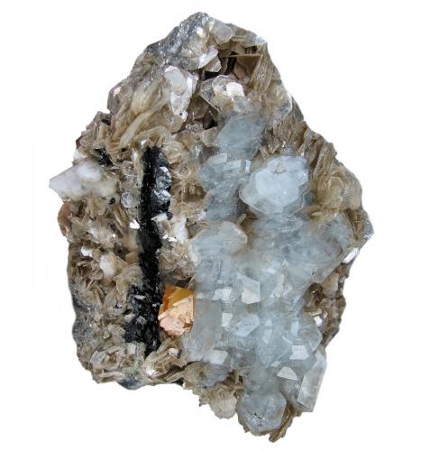 Berilo, casiterita, scheelita, albita, moscovita<br />Mount Xuebaoding, Pingwu, Mianyang Prefecture, Sichuan Province, China<br />115 mm x 84 mm x 34 mm<br /> (Autor: Carles Millan)