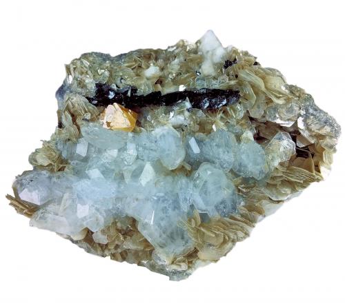 Berilo, casiterita, scheelita, albita, moscovita<br />Mount Xuebaoding, Pingwu, Mianyang Prefecture, Sichuan Province, China<br />115 mm x 84 mm x 34 mm<br /> (Autor: Carles Millan)