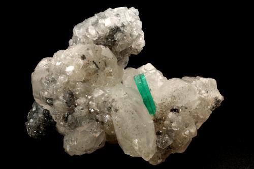 Beryl (variety emerald), Calcite<br />La Pita mining district, Polveros Mine, Municipio Maripí, Western Emerald Belt, Boyacá Department, Colombia<br />35x64x49mm, xl=12mm<br /> (Author: Fiebre Verde)