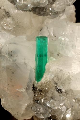 Beryl (variety emerald), Calcite<br />La Pita mining district, Polveros Mine, Municipio Maripí, Western Emerald Belt, Boyacá Department, Colombia<br />35x64x49mm, xl=12mm<br /> (Author: Fiebre Verde)