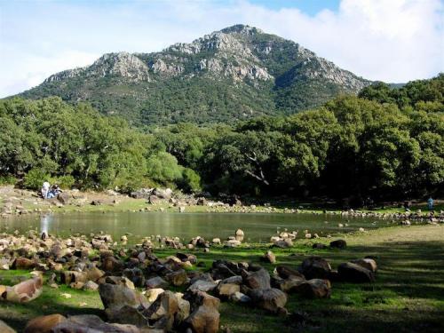 _La formación Areniscas del Aljibe, perteneciente a la Serie del Aljibe del Complejo Tecto-Sedimentario del Campo de Gibraltar, está compuesta de una alternancia de bancos de arenisca y capas mas finas de arcilla, con una potencia total de hasta 1.500 m. Ocupa la mayor parte de la mitad Sur de la provincia de Cádiz. Está muy afectada tectónicamente y estructurada en una serie de cabalgamientos y escamas que se han deslizado por encima del resto de formaciones de la zona, configurando los relieves mas altos de la provincia. 
En primer plano, la Laguna del Picacho en época seca. El Picacho, al fondo, y el Aljibe (que da nombre a esa formación de areniscas), superan los 1.000 m de altura y son las cimas mas altas de Cádiz. Los gruesos estratos de arenisca resisten bien la erosión.
Alcalá de los Gazules, Cádiz. (Autor: Josele)