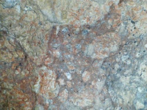 Dacita con alteración hidrotermal (detalle de la anterior)
Escombrera del Cerro de San Cristóbal, Mazarrón (España)
20X
Se observa la misma textura de vitrófido, ahora con pigmentaciones en tonos rojizos y ocres. (Autor: prcantos)