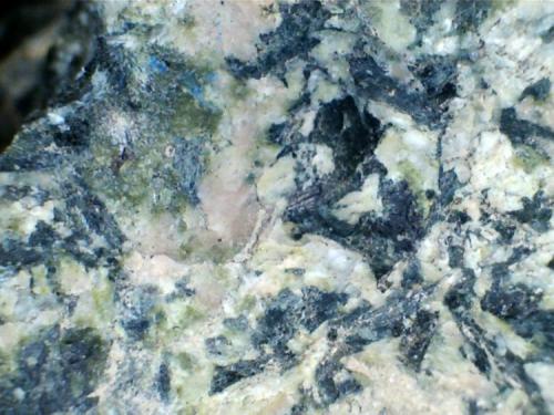 Diabasa (detalle)
Sierra de Enmedio (Murcia, España)
20X
Los componentes minerales de la roca: plagioclasa blanca, piroxenos y anfíboles negros y verdosos con algún grado de alteración; la epidota se ha descrito en las metadiabasas de la zonas; se observa también un componente rosado (¿quizá algo de feldespato alcalino?) y unos gránulos de color azul intenso en la parte superior izquierda. (Autor: prcantos)