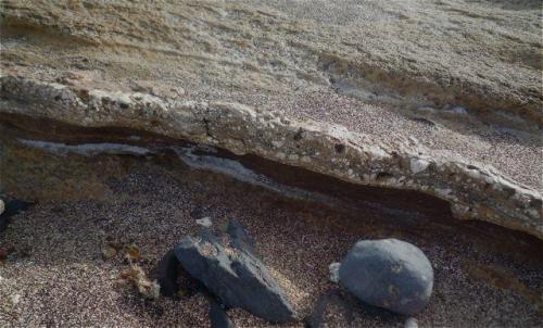Caliza y toba. Filón de roca caliza compactada por el calor de la toba superior.
La Isleta, Gran Canaria, España
Ancho del filón 4 cm (Autor: María Jesús M.)