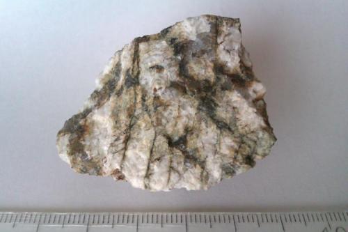 Charnockita
Nelson County (Virginia, EEUU)
Roca con textura de grano grueso (incluso pegmatítica) con cuarzo (grano gris en la parte superior), grandes feldespatos blancos y piroxeno oscuro en vetas. (Autor: prcantos)