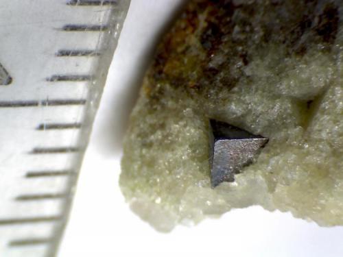 Carbonatita con cristal negro de latrappita (otra vista más)
Oka, Québec (Canadá)
El cristal cúbico está implantado en la matriz de calcita; junto a él, a la derecha, de aprecia el lugar ocupado por un cristal similar desaparecido. (Autor: prcantos)