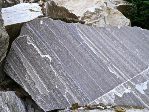 Gneiss con bandeado paralelo.
Chamje, Valle del Marsyangdi, Región de los Annapurnas, Nepal.
CdV: 1,5 m
La raya blanca abajo a la derecha es una superficie de micro-falla. (Autor: Josele)