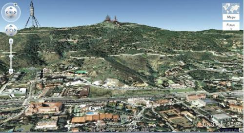 _Vista de la zona visitada. La basílica del Tibidabo y a la izquierda la torre Foster.
La carretera de les Aigües es la pista que se sitúa a media altura.
Foto: Google Earth (Autor: Frederic Varela)