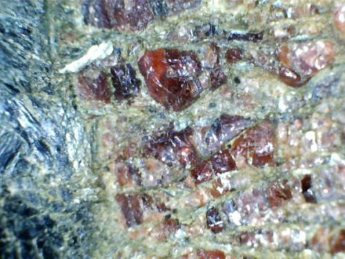 Hornblendita de granate (detalle)
Barton Garnet Mines, Gore Mountain, Nueva York, Estados Unidos
30X
Detalle de la zona de contacto entre la matriz de anfíbol y los cristales de almandino.  En los intersticios se aprecian los colores de alteración. (Autor: prcantos)