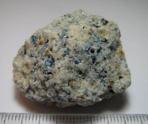 Fonolita
Niedermendig, Mendig, Complejo volcánico del lago Laach, Eifel, Rheinland-Pfalz, Alemania
3’5 x 2’5 cm.
Roca finamente cristalina con sanidina (clara), haüyina (azul), augita (negra) y titanita (marrón). (Autor: prcantos)