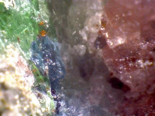 Eclogita (detalle)
Almklovdalen, Vanylven, Møre og Romsdal, Noruega
2 mm. ancho de campo
Cristales de cianita junto al granate y la onfacita. (Autor: prcantos)