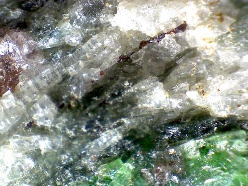 Eclogita (detalle)
Almklovdalen, Vanylven, Møre og Romsdal, Noruega
2 mm. ancho de campo
Detalle de la roca anterior que muestra un mineral blanco y algunos cristales negros alargados, probablemente algún anfíbol.  Los pequeños granos de color pardo pueden ser zircones (supongo).

(Editado)  El mineral blanco no es necesariamente plagioclasa, sino probablemente una mezcla de cuarzo, jadeita, cianita y clinozoisita. (Autor: prcantos)