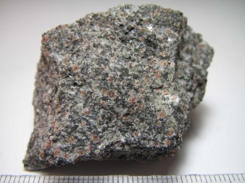 Eclogita
Mitchell County, North Carolina, Estados Unidos
4’5 x 3 cm.
Una eclogita oscura pobre en jadeíta.  La asociación mineral en el pico térmico para esta roca es: onfacita (jd 27-35) + granate (alm 48 - prp 30 - grs 22) + cuarzo + rutilo ± zoisita ± zircón ± apatito ± sulfuros ± óxidos de Fe-Ti  (cf. B. V. Miller, K. G. Stewart, D. L. Whitney, Three tectonothermal pulses recorded in eclogite and amphibolite of the Eastern Blue Ridge, Southern Appalachians, abstract en http://memoirs.gsapubs.org/content/206/701.abstract ). (Autor: prcantos)