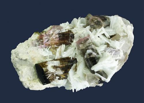 Elbaite with Beryl (variety morganite) and Mica (variety lepidolite) on Albite (variety cleavelandite)<br />Himalaya Mine, Gem Hill, Mesa Grande District, San Diego County, California, USA<br />175 x 93 x 85 mm<br /> (Author: GneissWare)