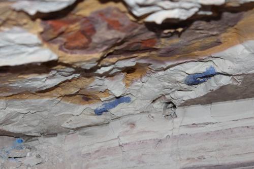 Photo 5. Several Carnegie type azurite suns exposed in the left hand corner of next face cut.  Directly underneath the thick right hand sun is the polished upper face of the dominant thrust plane found in the mine. You can trace the thrust plane to the left from this face. (Author: crocoite)