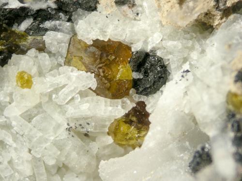 Andradite and Cuspidine<br />Shijiangshan Mine, Yinwu, Linxi, Ulanhad League, Inner Mongolia Autonomous Region, China<br />FOV 0.9 cm<br /> (Author: Cesar M. Salvan)