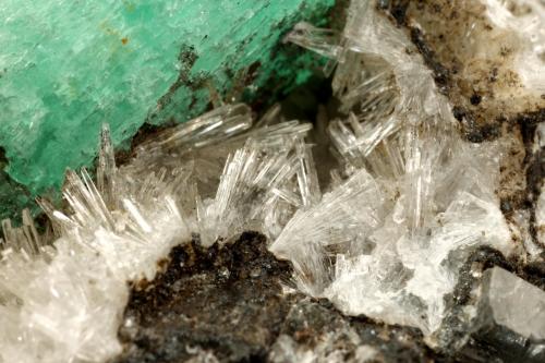 Beryl (variety emerald), Calcite, Parisite, Aragonite(?)<br />Muzo mining district, Western Emerald Belt, Boyacá Department, Colombia<br />38x40x31mm, xl=15x10mm<br /> (Author: Fiebre Verde)