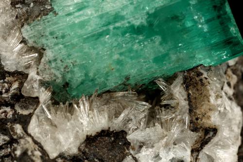 Beryl (variety emerald), Calcite, Parisite, Aragonite(?)<br />Muzo (distrito minero), Cinturón Esmeraldífero Occidental, Departamento Boyacá, Colombia<br />38x40x31mm, xl=15x10mm<br /> (Author: Fiebre Verde)