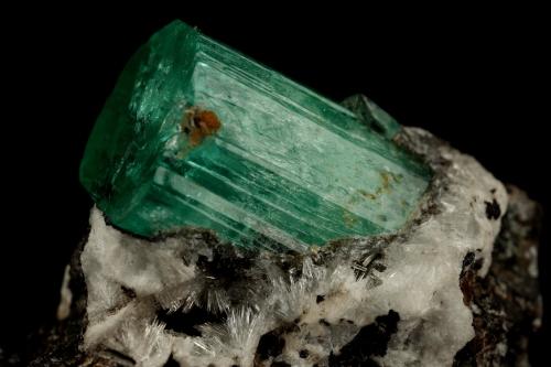 Beryl (variety emerald), Calcite, Parisite, Aragonite(?)<br />Muzo mining district, Western Emerald Belt, Boyacá Department, Colombia<br />38x40x31mm, xl=15x10mm<br /> (Author: Fiebre Verde)