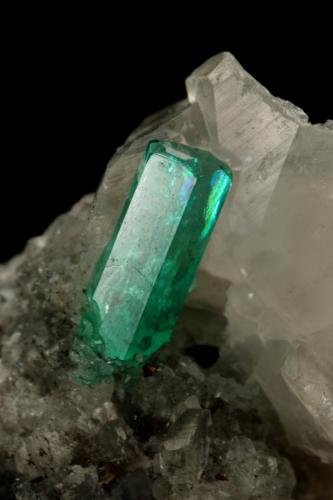 Beryl (variety emerald), Calcite, Pyrite<br />La Pita mining district, Cunas Mine, Municipio Maripí, Western Emerald Belt, Boyacá Department, Colombia<br />26x17x30mm, xl=9x2mm<br /> (Author: Fiebre Verde)