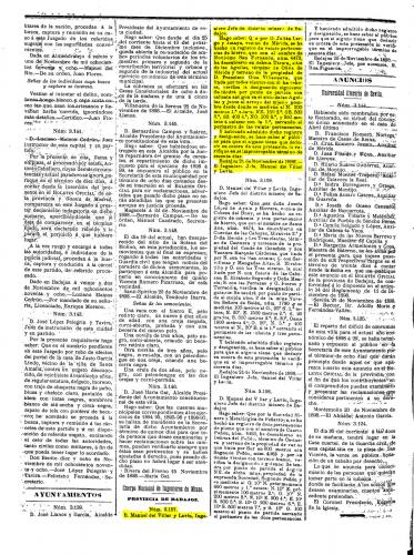 Página 2 del Boletín Oficial de la Provincia de Badajoz, de fecha 26/11/1898, donde se publica la solicitud y la admisión de la mina "Novísimo San Fernando", con nº 4473, de hierro, y 20 pertenencias de superficie (Autor: Inma)