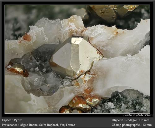 Pyrite on Calcite<br />Cantera Aigue Bonne, Saint Raphael, Draguignan, Var, Provence-Alpes-Côte d'Azur, Francia<br />fov 12 mm<br /> (Author: ploum)
