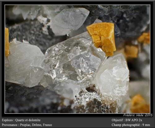 Quartz, Dolomite<br />Propiac, Nyons, Drôme, Auvergne-Rhône-Alpes, Francia<br />fov 9 mm<br /> (Author: ploum)
