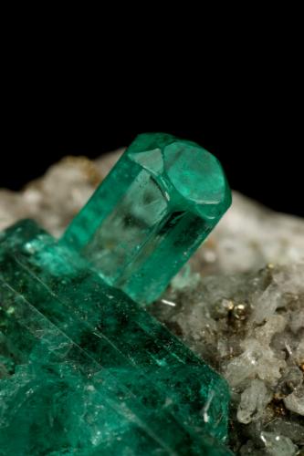 Beryl (variety emerald), Calcite, Pyrite<br />Chivor (distrito minero), Municipio Chivor, Cinturón Esmeraldífero Oriental, Departamento Boyacá, Colombia<br />largest xl=11mm<br /> (Author: Fiebre Verde)