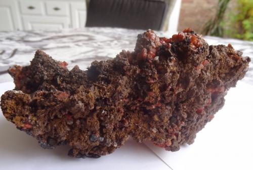 Vanadinite, Mottramite, Barite, Calcite<br />ACF Mine area, Mibladen mining district, Mibladen, Midelt, Midelt Province, Drâa-Tafilalet Region, Morocco<br />19 X 9 X 7 cm<br /> (Author: Dave van Bladel)