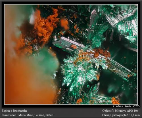 Brochantite<br />Agia Varvara Mines, Sounion area, Lavrion Mining District, Attikí (Attica) Prefecture, Greece<br />fov 1.8 mm<br /> (Author: ploum)