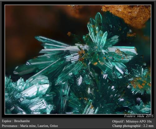 Brochantite<br />Maria Mine, Agia Varvara Mines, Sounion area, Lavrion Mining District, Attikí (Attica) Prefecture, Greece<br />fov 2.2 mm<br /> (Author: ploum)